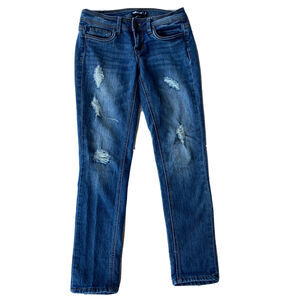 Dollhouse Jeans Sz 3 Charley Tapered Denim Medium Wash Blue Low Rise Distressed